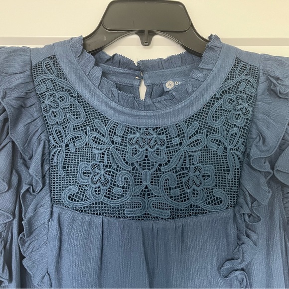NWT Democracy Women's Slate Blue Ruffle Lace Delicate Romantic Top, Medium - Picture 2 of 7